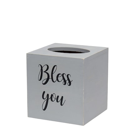Elegant Designs Farmhouse Square Wooden Tissue Box Cover with Bless you Script in Black and Sliding Base Gray Wash HG2024-GRW